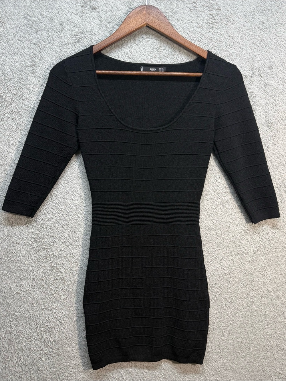 MNG MANGO Basics Black Ribbed Bodycon Mini Dress Scoop Neck XXS